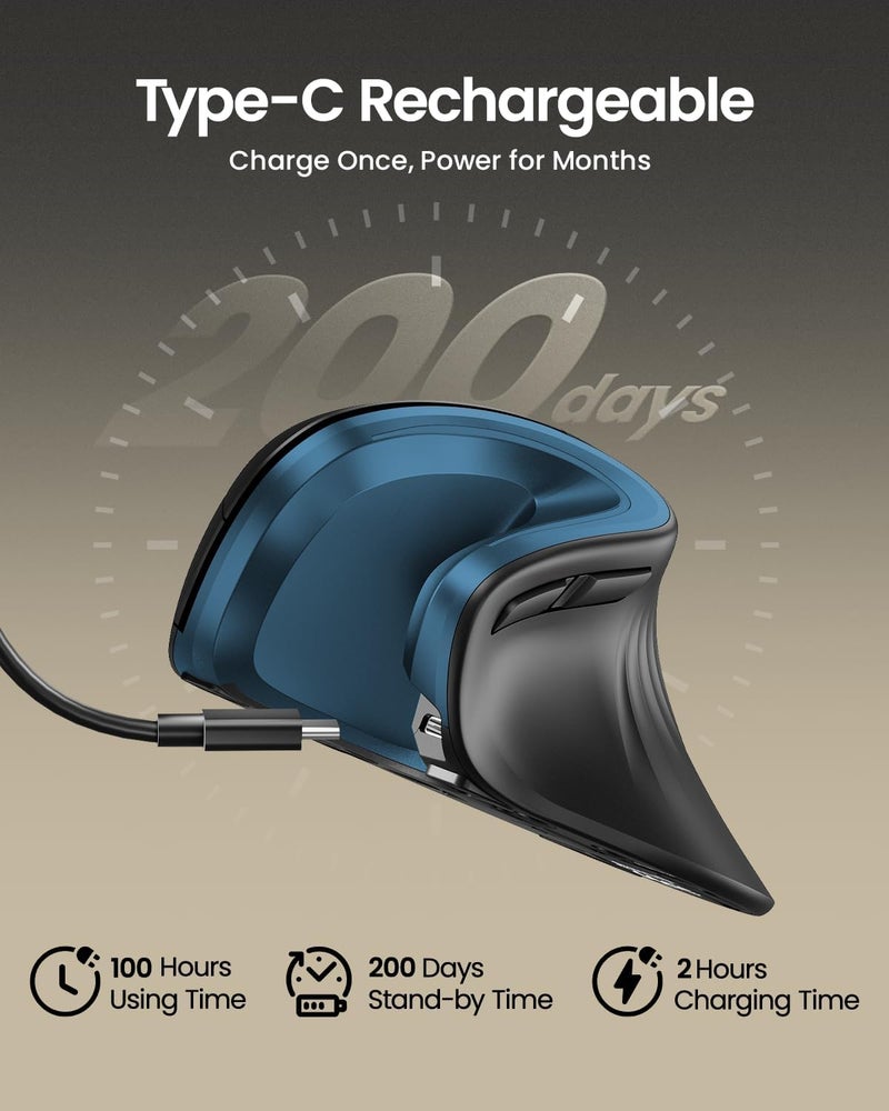 ProtoArc فأرة مريحة، EM11 NL فأرة عمودية لاسلكية، فأرة إرجو مع دعم لعدة أجهزة، فأرات قابلة لإعادة الشحن عبر USB-C لنظام ويندوز، ماك أو إس، الكمبيوتر الشخصي/الكمبيوتر المحمول، أزرق - Image 3